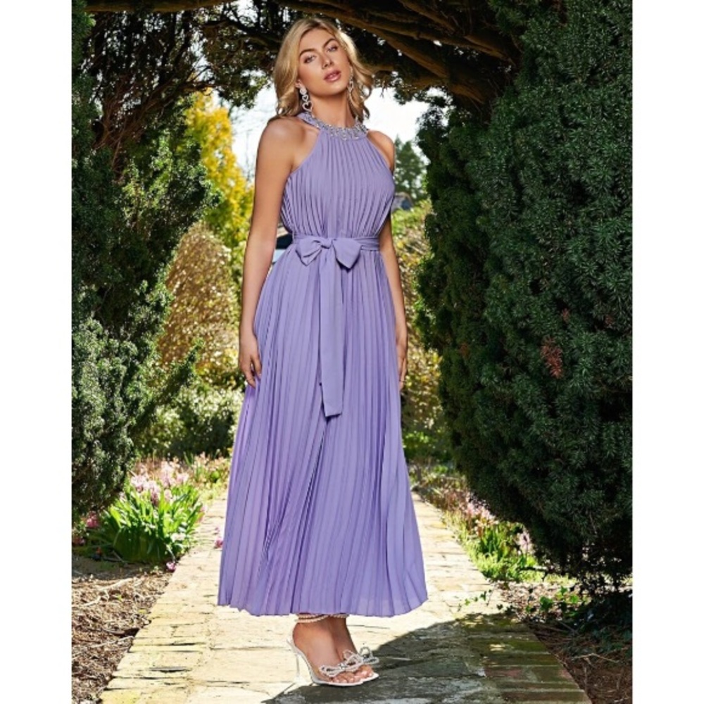 Beautiful Rhinestone Lilac Halter Style Pleated Dress - Picture 3 of 5